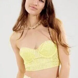 URBAN OUTFITTERS Sweet On You Gingham Eyelet Lace Bustier Top Yellow Cottage NWT
